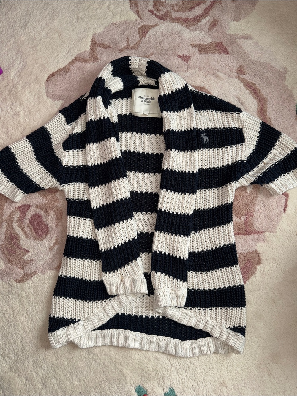 Abercrombie & Fitch Black and Cream Striped Open Knit Cardigan